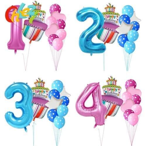 40 inch Pink Blue Number 1 2 3 4 5 year Birthday cake Balloons Baby Boy Girl 1st Party Decor Supplies Dot latex helium globos