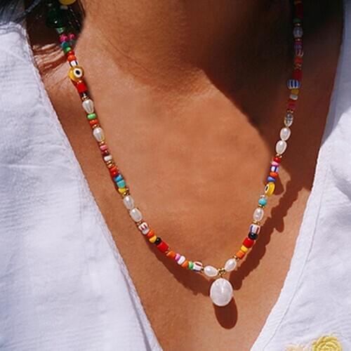 Boho style natural pearl pendant necklace colorful rice beads mix and match fashion rainbow long clothes accessories eye necklac