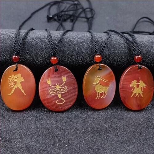 FYJS Unique Oval Shape Red Agates Twelve Constellations Pendant Handmade Weave Rope Chain Necklace Classic Jewelry
