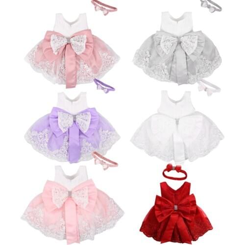 FOCUSNORM Newborn Baby Princess Girls Dress Headband 6 Colors Sleeveless Lace Bow Flowers Dress Wedding Party Kids Clothes 0-24M