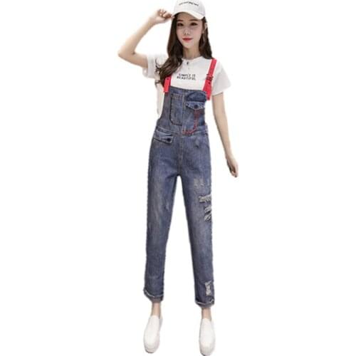 Harajuku Style Women Hole Denim Jumusuit Female Casual Loose Strap Rompers Overall