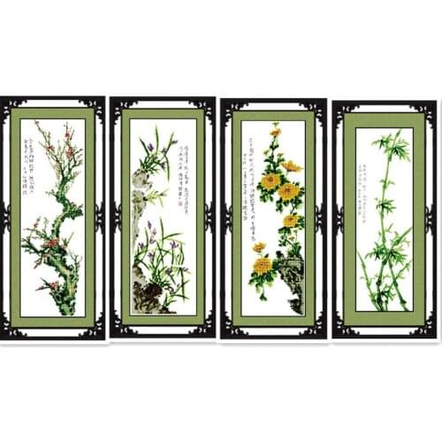 Meilan bamboo and chrysanthemum four gentleman vertical cross stitch suite quadruple painting living room decoration paintings