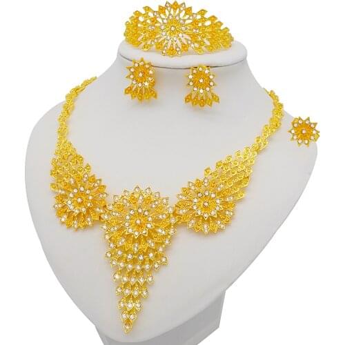 24K Dubai Jewelry Sets Crystal Necklace Bracelet Earrings Ring Nigerian Wedding Party Women Fashion Jewelry Set