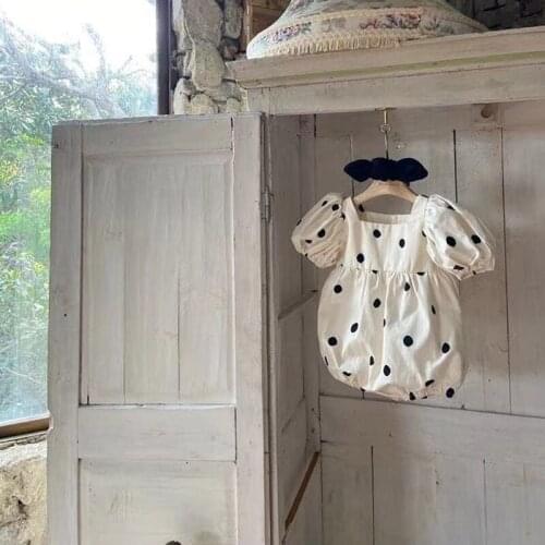 2PCS Summer Newborn Baby Girl Vintage Princess Dot Cotton Shortsleeve Conjoined Baby Climb Clothes With Bow Hair Accessories