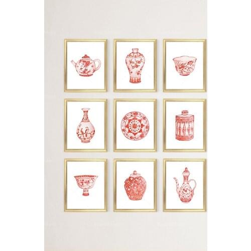 9 pieces of watercolor Chinese style printable art set, red and white Chinese style art prints, red porcelain vase prints, Asian