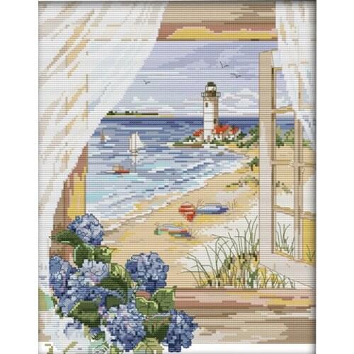 Cross Stitch Stamped Kit Cross-Stitching Patterns for Beginner Kids & Adults- Embroidery Needlepoint Starter Kits,Sea View Outsi