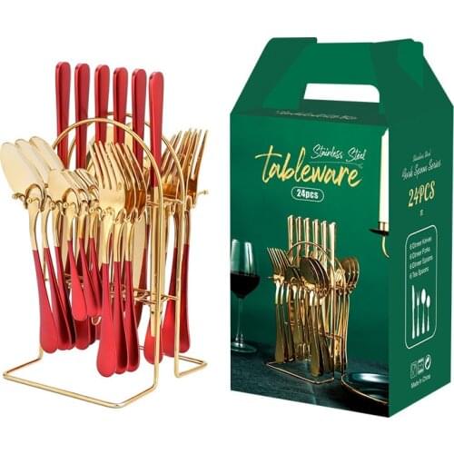 24pcs Tableware with Storage Rack Set Stainless Steel Knife Fork Spoon Cutlery Rose Gold Dinnerware Set Gift Box Dishwasher Safe