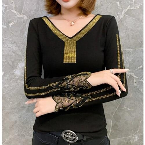 Autumn 2021 New Long Sleeve Womens T-Shirt Fashion V-Neck Hot Drilling Lace Tops Elegant Slim Black tshirt Blusas