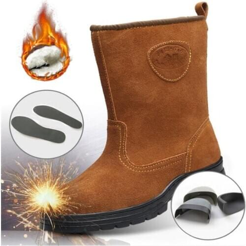 Autumn Winter Plush Warm Suede Safety Boots Men Steel toe Anti-crush Anti-piercing Wear-resistance Work Shoes Excellent grip