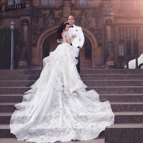 Luxurious Rhinestone Crystal Wedding Dress With Skirts High Neck Beads Applique Long Sleeves Mermaid Bridal Dress Dubai Wedding