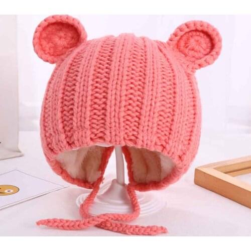 Supper Warm Plush Knitted Hat Autumn Winter Hat with Ears Cartoon Lace-up Children Kids Baby Boy Girls Bonnet Cap For Infant