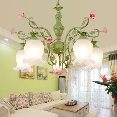 LED Flower Shaped Pendant Chandelier 5 Arm Pendant Lights Rose Girls Bedroom Ceiling Lamp Living Room Flower Glass Lampshade D64