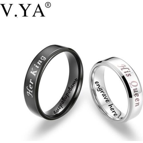 V.YA Romantic "His Queen & Her King" Couple Rings Stainless Steel DIY Custom Jewelry Anniversary Valentines Days Promise Gifts