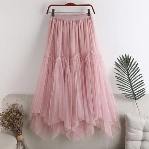 Mesh Skirt Half-length Skirt Female High Waist Mid-length Irregular A-line Skirt Pleated Skirt