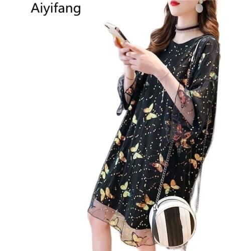 Korean Womens Butterfly Embroidery Mesh T-shirt Summer Large Size Long Tees Skirt Short-Sleeved Loose Black White Tshirt Tops