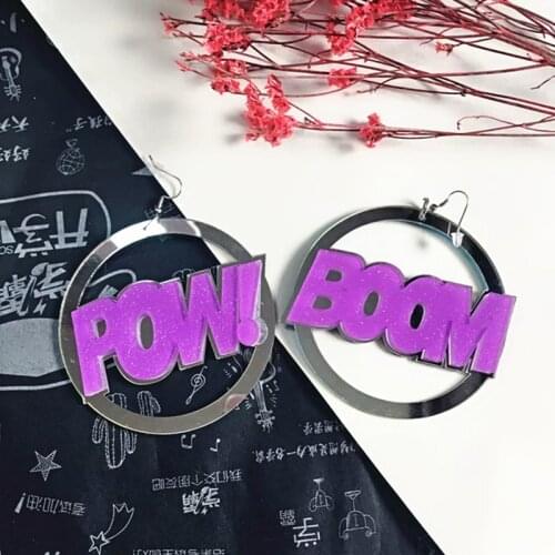 Punk Pow Boom Letter Acrylic Drop Earrings For Women Acrylic Big Circle Round Dangle Earrings Fashion Night Club Party Jewelry