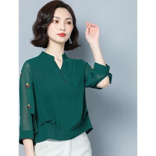 Women Spring Summer Style Chiffon Blouses Shirts Lady Casual Half Sleeve Turn-down Collar Embroidery Blusas Tops ZZ0813
