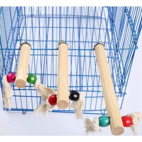 1pc Wooden Bird Perch Stand Wood Beads Rope Standing Parrot Toy Pet Interative Toys Bird Chewing Toy Birds Supplies Random Color
