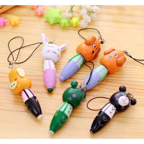 2Pcs Color Random Cute Cartoon Animal Shape Wooden Ballpoint Pen with Hanging Rope School Student Stationery Ball Pen Kids Gift
