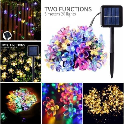 7m Solar Fence Lights String Garland Light Luces Led Decoracion Outdoor Lawn Patio 100 Sakura flowers lampa solarna Lighting