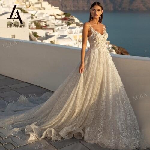 Shiny Beaded Appliques Wedding Dress Sweetheart Sleeveless A-Line Princess Bridal Gown LelaAcra R029 Customized Vestido De Noiva