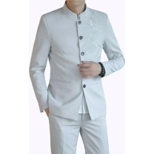 Mens Chinese Style Suit Embroidered 2pcs Blazer Jacket Pants Slim Fit Costume C176