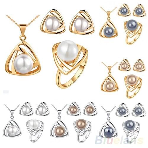Womens Wedding Pearl Jewelry Set Triangular Pendant Necklace Earrings Ring 1SQ5