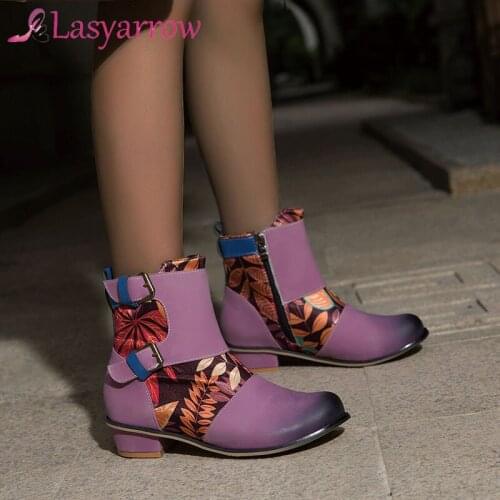 Lasyarrow 2020 new arrive European Style ankle boots for women round toe buckle zip mixed colors square heel casual shoes woman