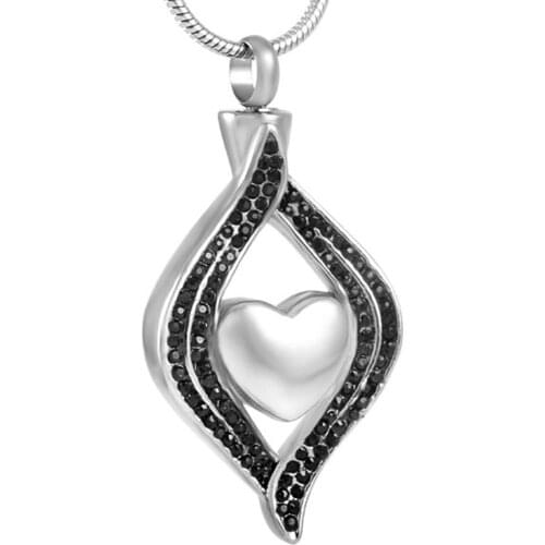 MJD8111 Dark Crystal Stainless Steel Heart Cremation Urn Keepsake Memorial Pendant Heart In Tear Ash Necklace