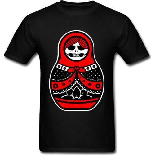 Russian Matryoshka Design Mens Unique T-shirt Black Red Skull Doll Print Tops & Tees Short Sleeve Halloween Apparel