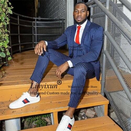 Vertical Stripe Mens Suits Fashion Notched Lapel Tailored Tuxedos For Wedding Male Blazers Jackets Vest Trousers costume homme