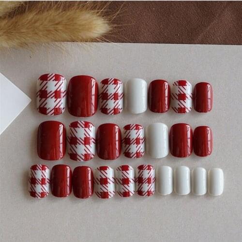 24pcs/set Fake Nails Lattice Grid Design Artificial French Multiple Colors False Nails Tips Press On Nails With 2g Glue