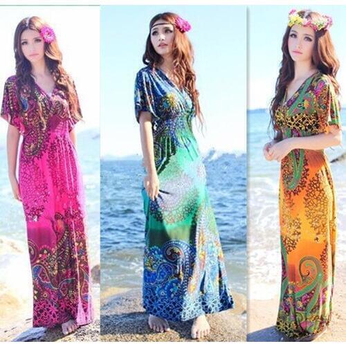 2015 NEW European and American Bohemian seaside beach dress ice silk printed Slim dress