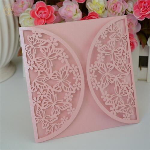 New style butterfly laser cut pink pearl wedding invitation card wholesale