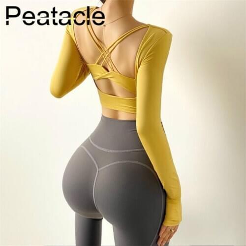 Peatacle Sexy Sports Long Sleeve Women with Chest Pads Nude Yoga Clothes Quick Dry Running Fitness Top Gym Shirt