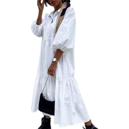 Summer Dresses Women Dress Solid Color Large Hem Cotton Blend Half Sleeve TurnDown Collar Streetwear robe femme женское платье