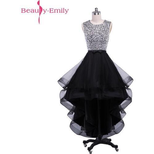 Beauty-Emily Sexy Black Asymmetrical Bridesmaid Dresses 2017 Prom Dresses O-Neck Sleeveless Backless Prom Dresses