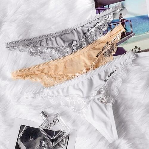 Sexy lace letter printed low-waist briefs ice silk bow ladies panties temptation thin soft thong