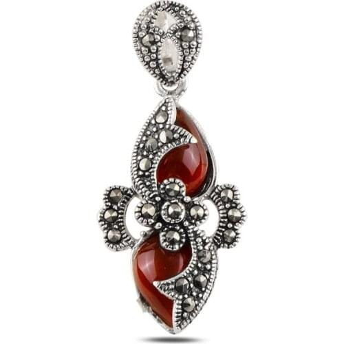 Silver 925 Sterling Red Agate & Marcasite Pendant