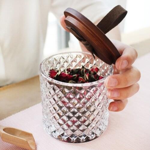 Modern Diamond Pattern Glass Jar with Wooden Lid Handle Household Coffee Storage Tank Tea Spice Clear Bottle Can Food Kitchen