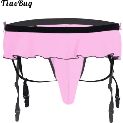 TiaoBug Men Sissy Gay Lingerie Bikini Underwear Underpants With Bulge Pouch Garters G-String Briefs Ruffle Trim Thong