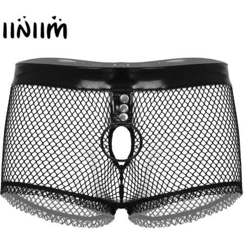 Mens Lingerie See-through Patchwork UnderwearHollow Out Fishnet O Ring Boxer Shorts Patent Leather Waistband Erotic Sexy Panties