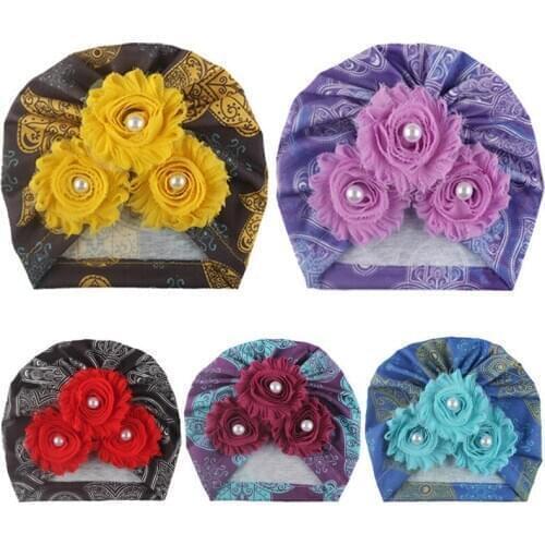 Spring Flower Beanie Hat Newborn Toddler Kids Baby Girl Vintage Printed Pearls Blossom Turban Cotton Cap