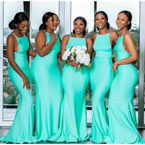 Vintage Long Satin Mermaid Turquoise Bridesmaid Dresses Custom Made Zipper Back African Style Formal Wedding Party Dresses