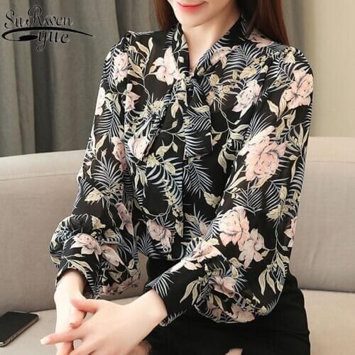 Women blouses 2021 spring chiffon blouse OL bow Floral lantern Sleeve women long sleeve shirts vintage womens clothing 8089 50