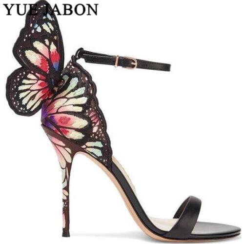 Flower Embroider Gladiator Sandals Women Butterfly Angel Wing Mixed Colors Fashion High Heels Party Wedding Shoes Woman 2019