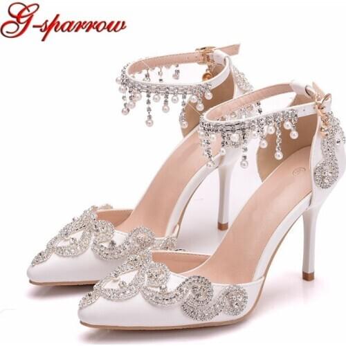 Women Buckle Straps Wedding Shoes Gorgeous Rhinestone Handmade High Heel Sandals Pointed Toe Cinderella Prom Pumps Plus Size 42