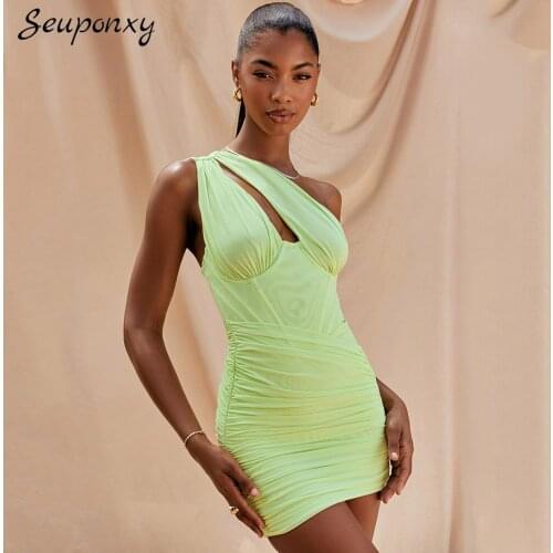 High Quality Sexy Sleeveless One Shoulder Hollow Backless Dress 2021 Summer Women Elegant Bodycon Celebrity Club Party Dress