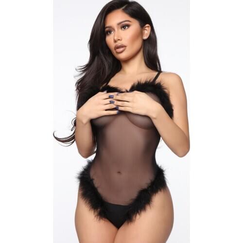 Womens Teddy Fluff Sexy Lingerie Jumpsuit Solid Color Mesh See-through Sling Sexual One-piece Pajamas