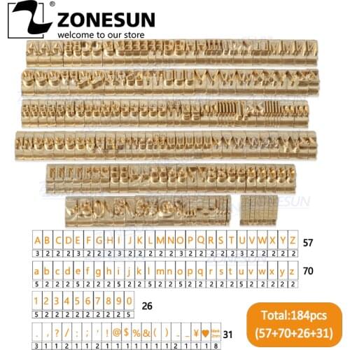 ZONESUN 184Pcs Custom Logo Brass Alphabet Letter Set For Hot Foil Stamping Machine With Number Symbols 10cm T slot Letter Stamp